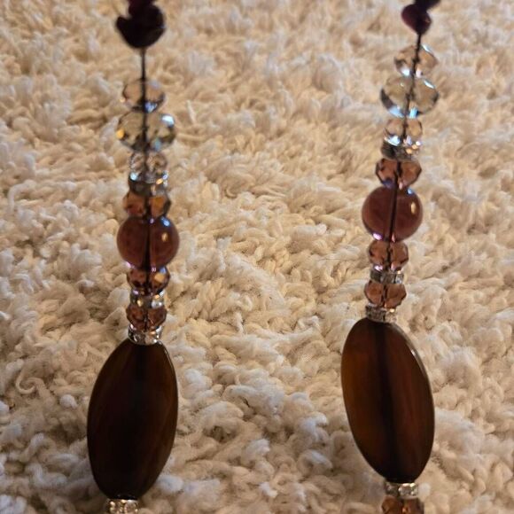 NWOT Stone  Glass Bead Long Necklace Purple Brown - Picture 6 of 8